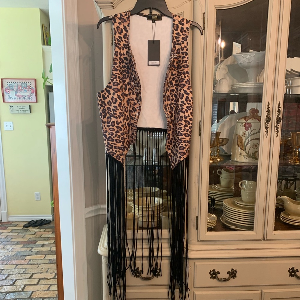 NWT Lucky & Blessed women’s Fringe Vintage Leopard open front Vest S NEW